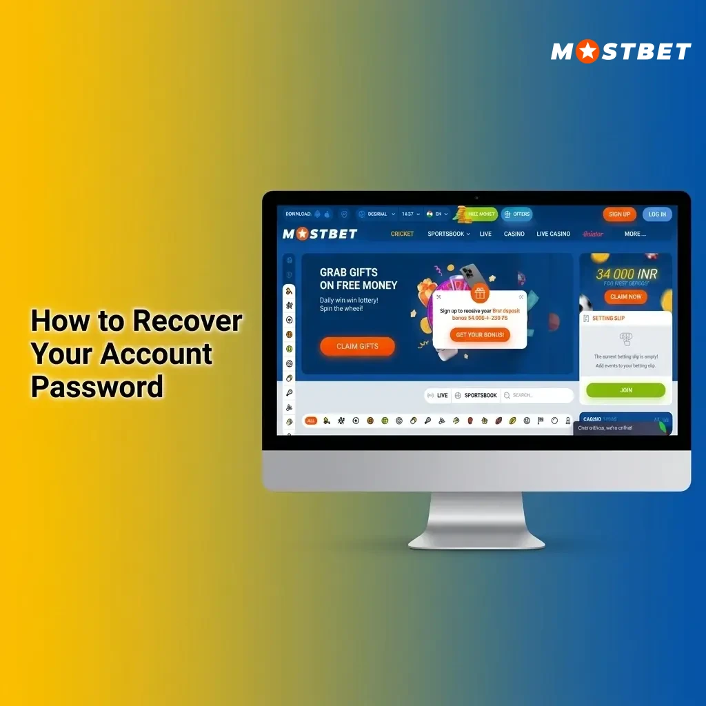 Step-by-step Mostbet account password recovery process showing forgot password link and reset options on login page