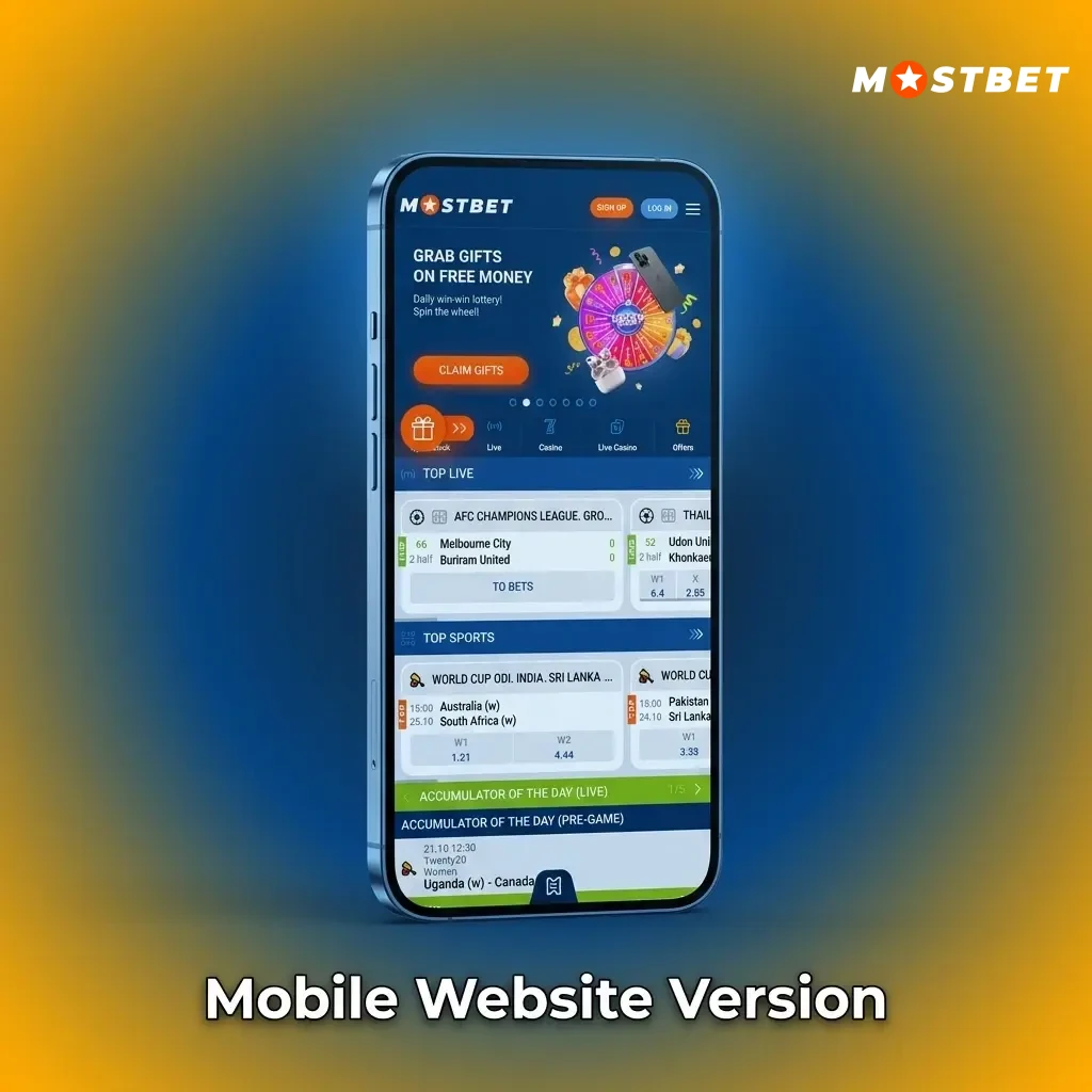 Mostbet mobile website interface showing sports betting and casino access on a smartphone browser