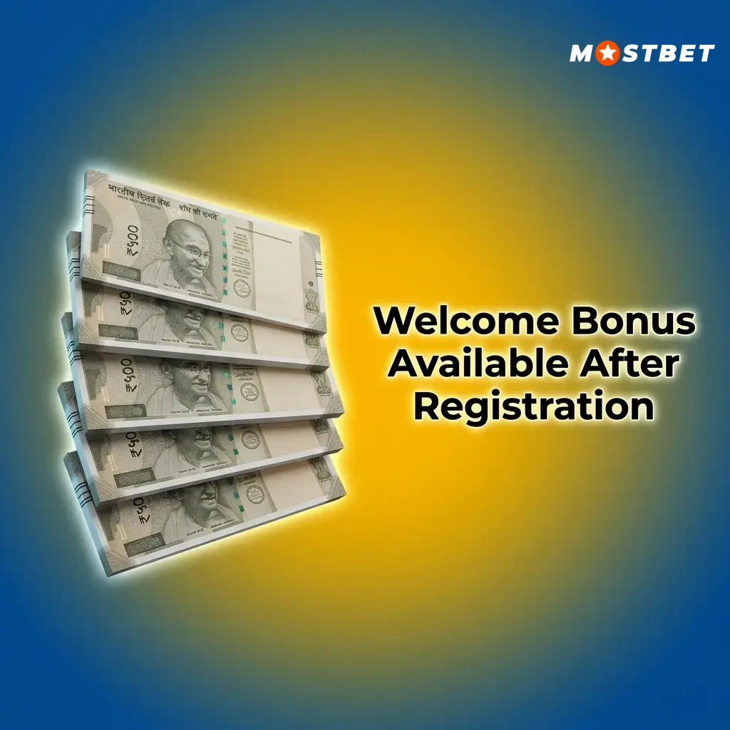 Mostbet welcome bonus showing 125% first deposit match for casino with 250 free spins and sports betting from INR 80