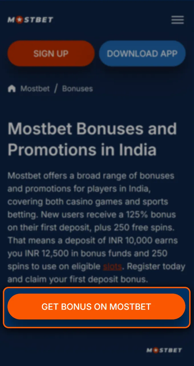 Click the button on the Mostbet website to activate the generous welcome offer.