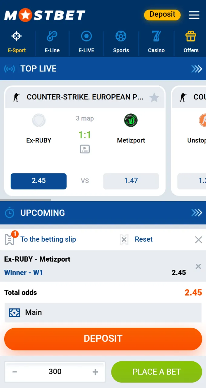 Select your bet amount and place your first eSports bet on the official Mostbet website.
