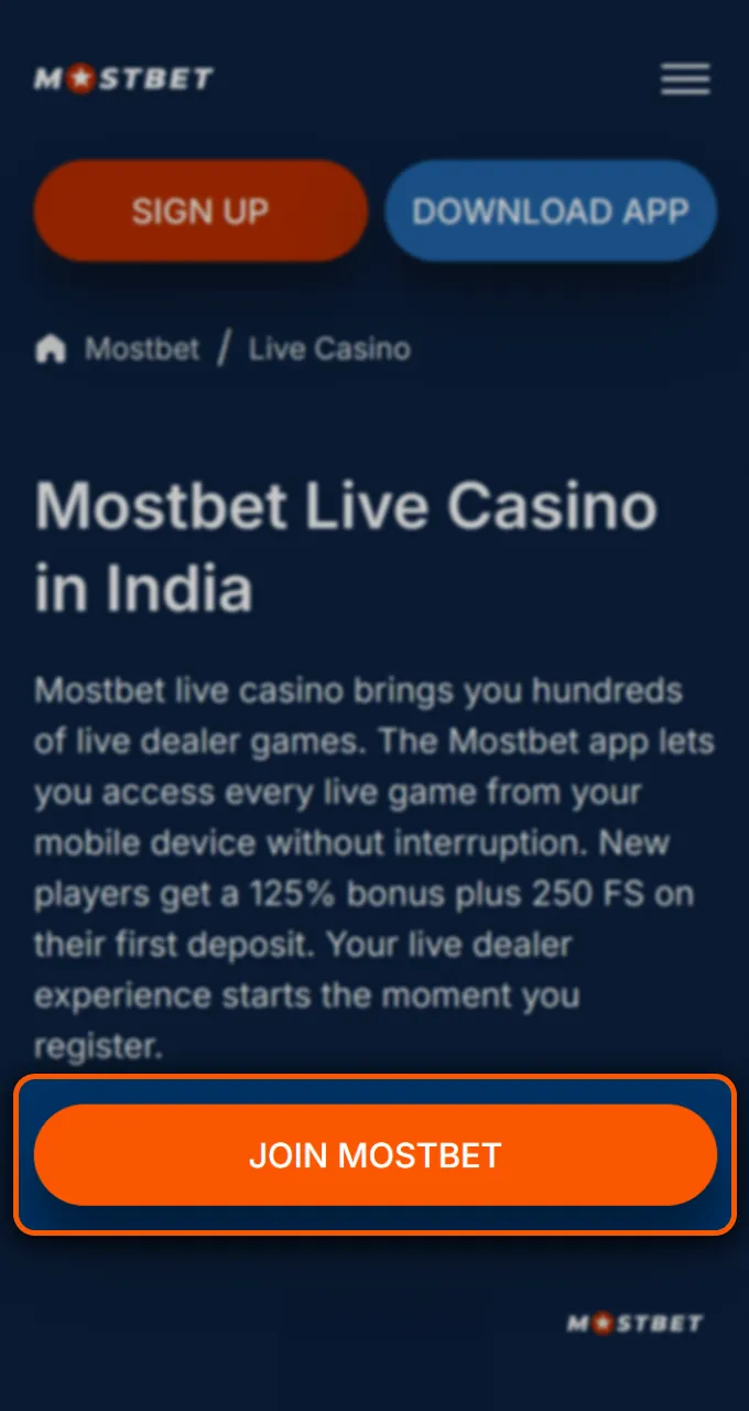Click the Join button at Mostbet to start playing premium live casino games.