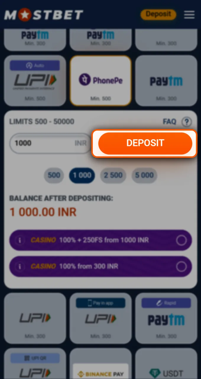 Click the orange button to confirm and complete your instant deposit at Mostbet.
