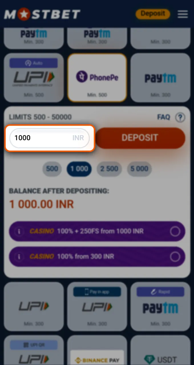 Specify the amount of funds you want to top up to your Mostbet wallet.