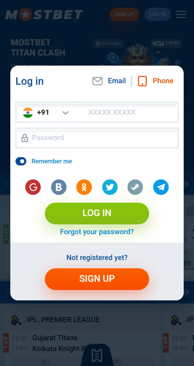 Log in to your Mostbet account to start depositing and playing securely.