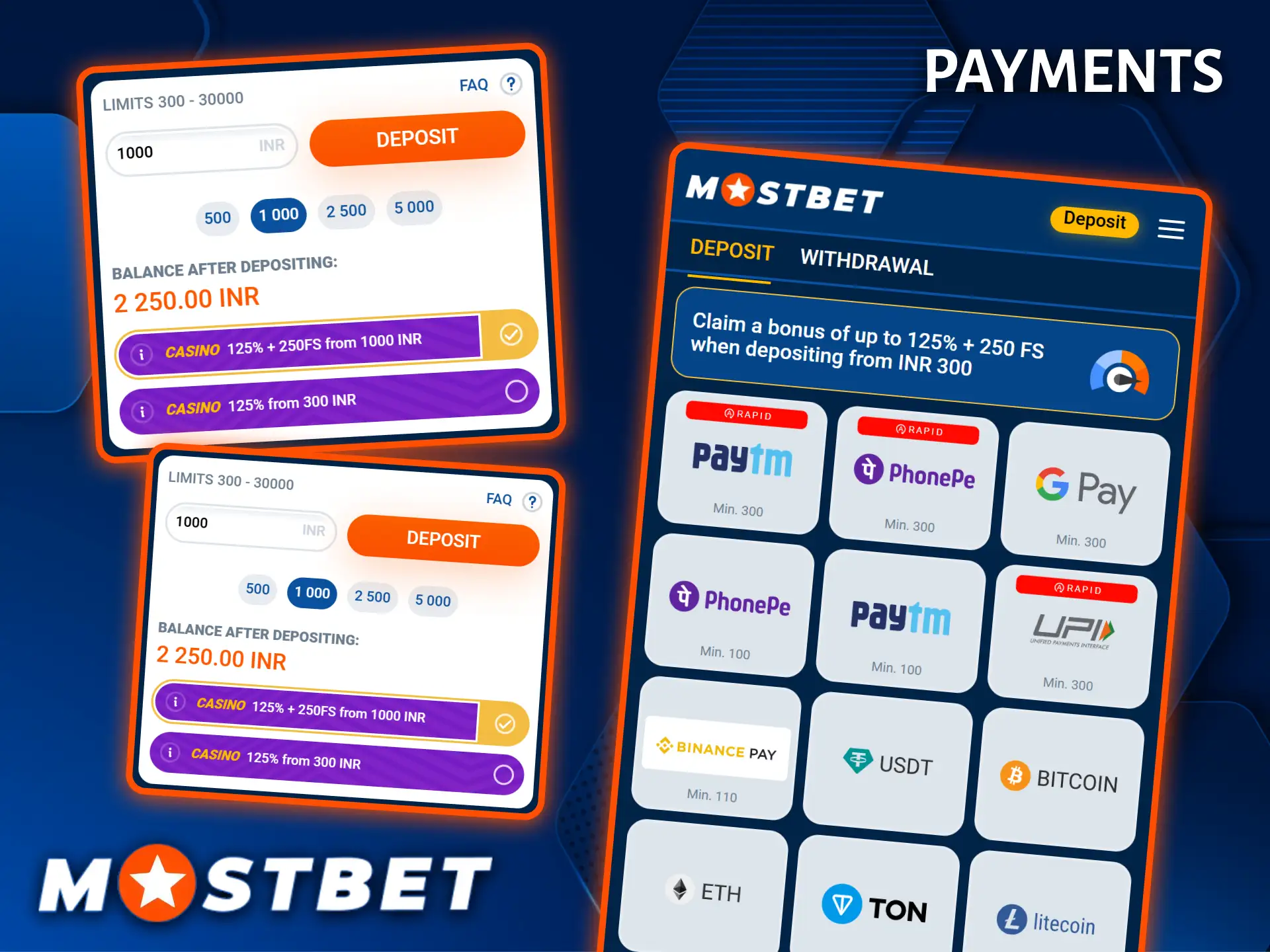 The Mostbet bookmaker app supports all fast payment and withdrawal methods popular in India.