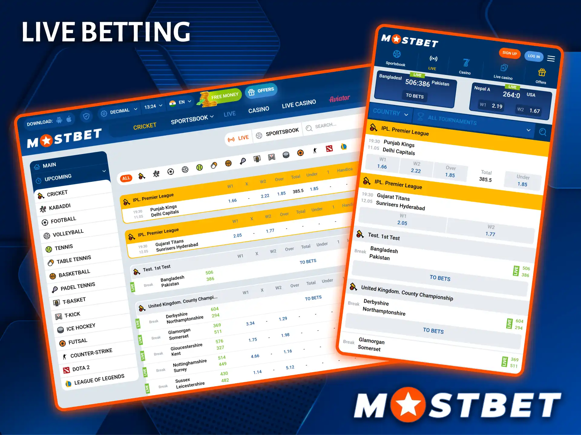 Experience the thrill of real-time cricket betting with Mostbet's dynamic Live Betting feature.