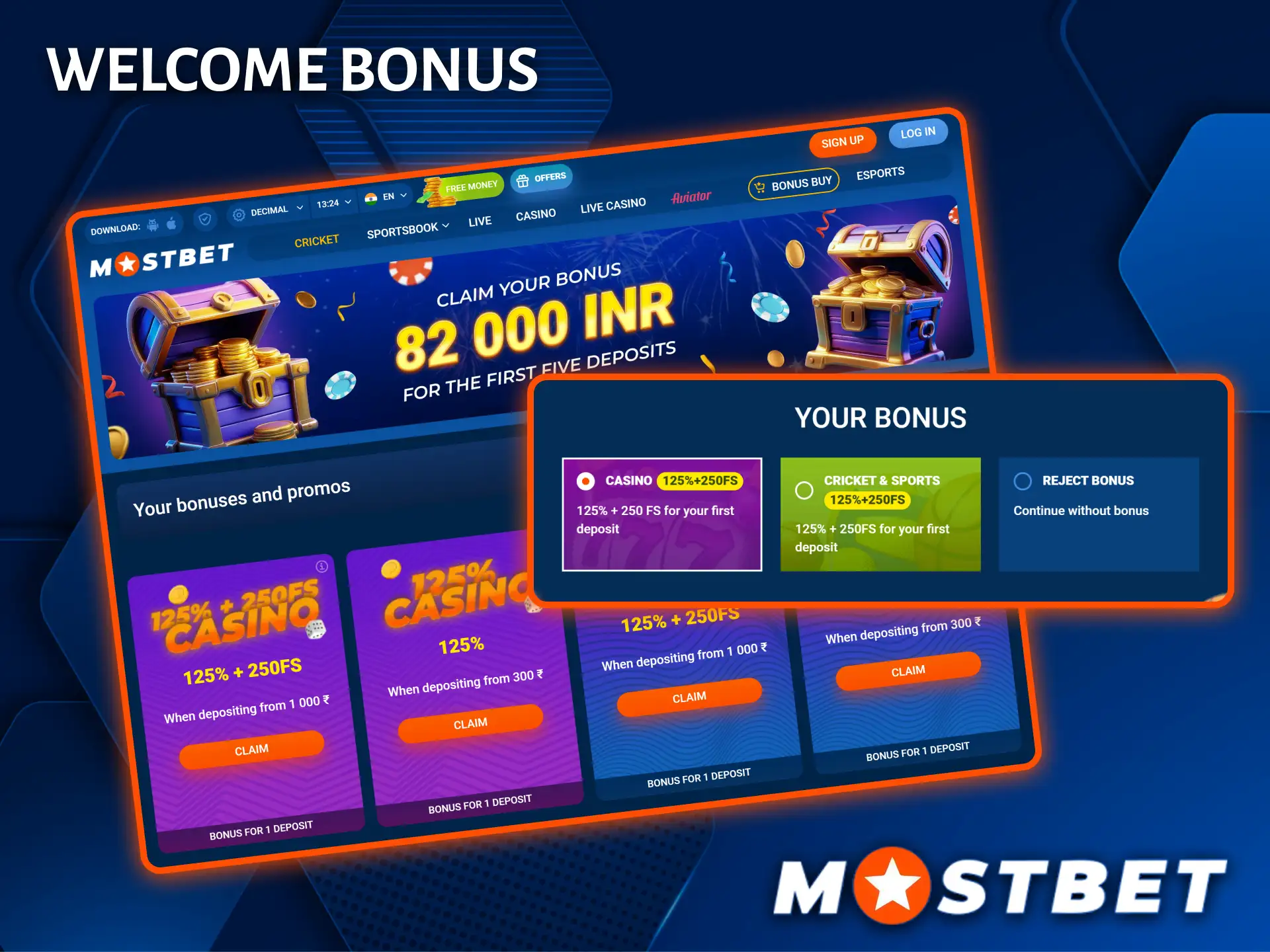 Claim a generous welcome bonus to use for cricket betting on the Mostbet platform.