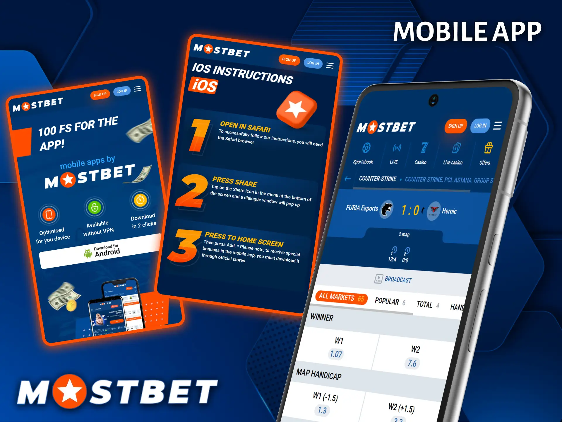 Follow your favorite esports matches and place bets anywhere with the convenient Mostbet app.