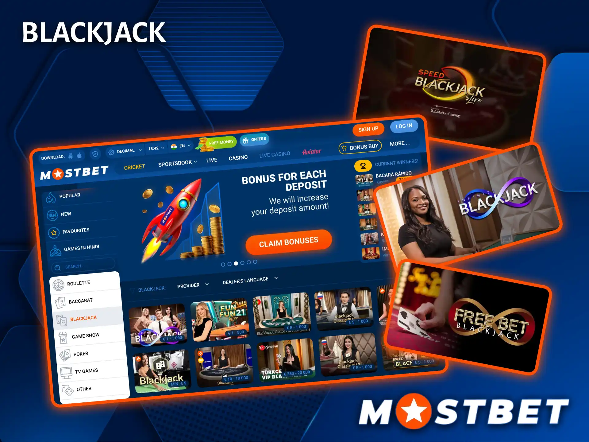 Play various exciting versions of live blackjack with professional dealers at Mostbet Casino.