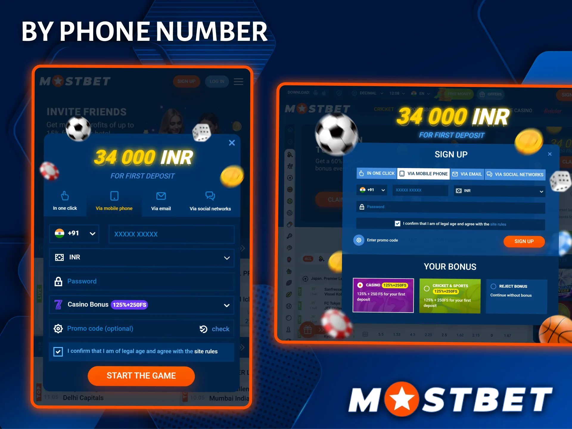 Use your phone number for quick and easy registration at Mostbet Casino.