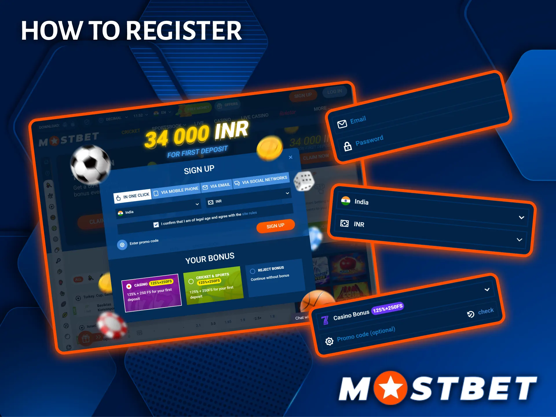 Follow these simple and quick steps to create a new account at Mostbet Casino.