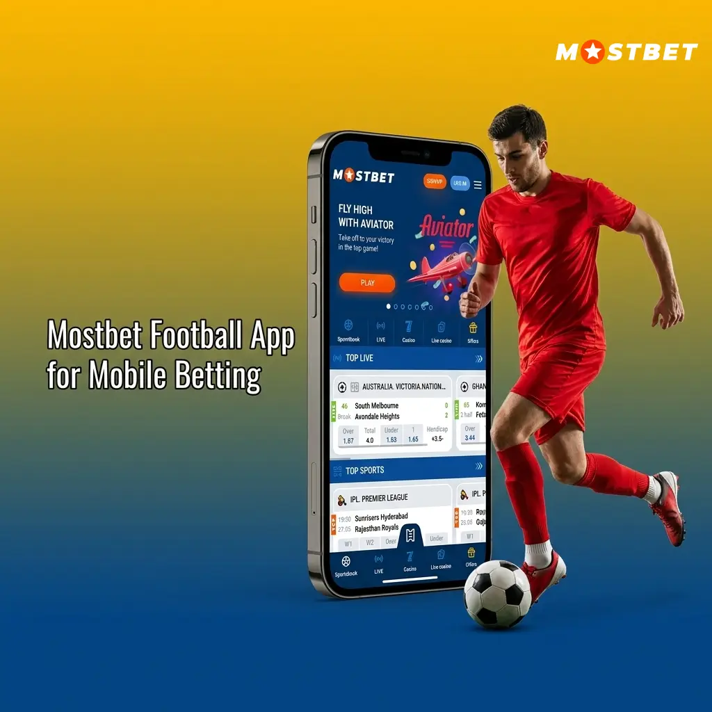 Mostbet football betting mobile app interface on Android and iOS with bet slip and sports navigation menu